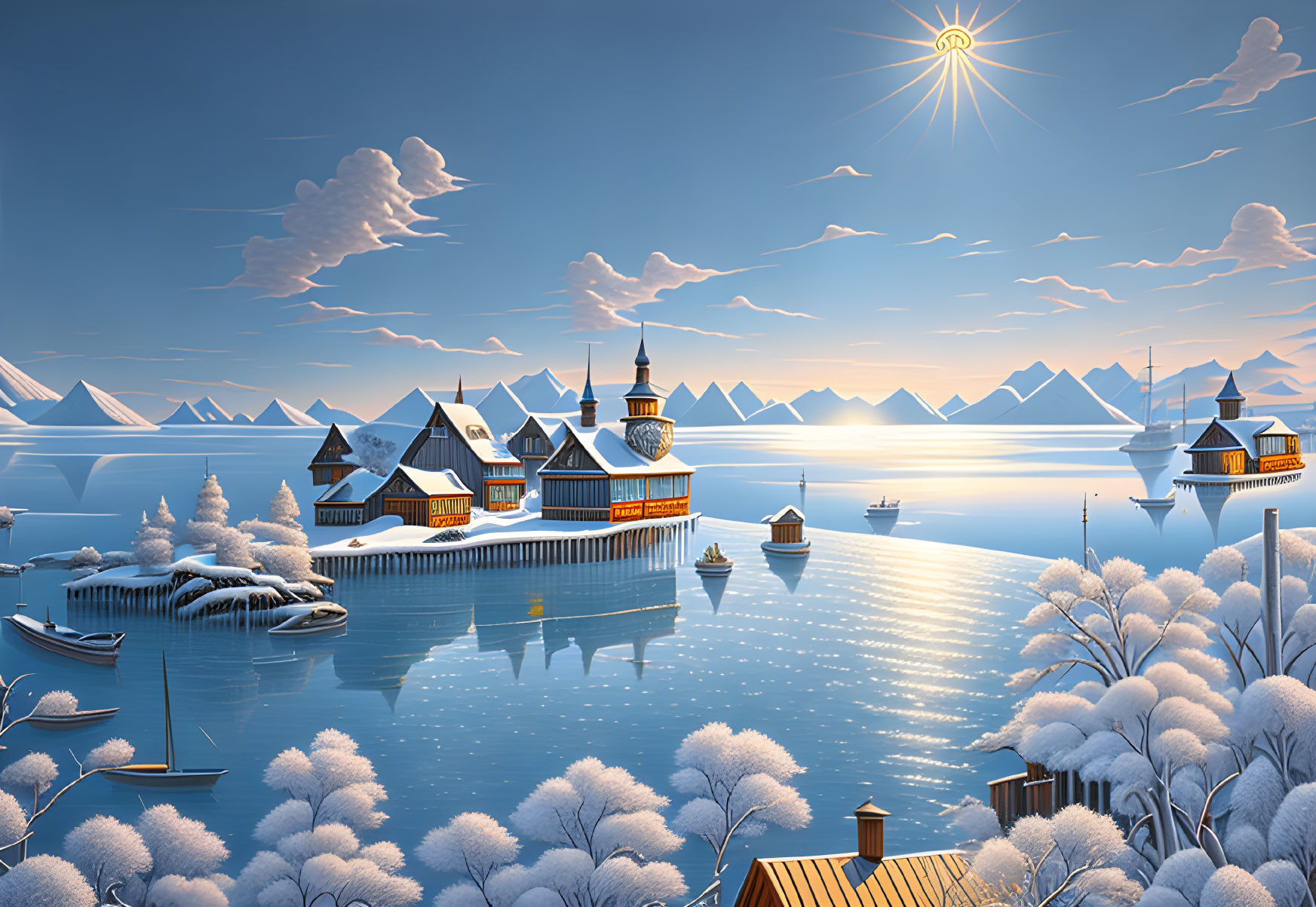 Snow-covered trees, village on water, boats, mountains, sun in blue sky