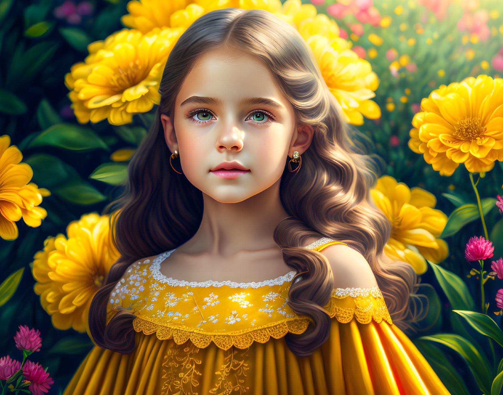 Detailed digital portrait: young girl with captivating green eyes, surrounded by vibrant flowers in yellow dress.