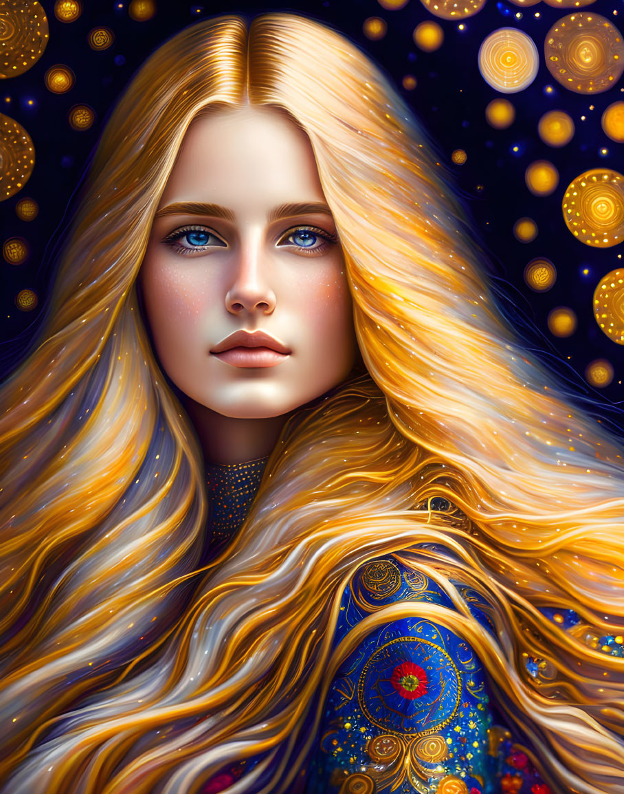 Digital portrait of woman with golden hair and blue eyes in cosmic setting