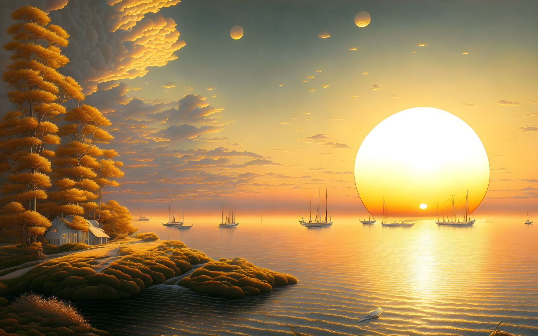 Tranquil golden sunset over calm sea with sailboats, small house, and unique trees under multiple