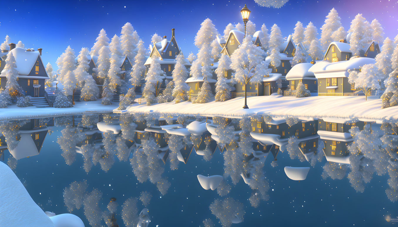 Snow-covered houses and trees reflected in a twilight lake in a serene winter scene