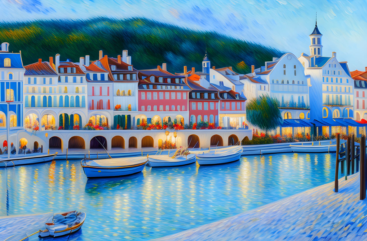 Vibrant waterfront scene with colorful buildings, mountains, and boats.