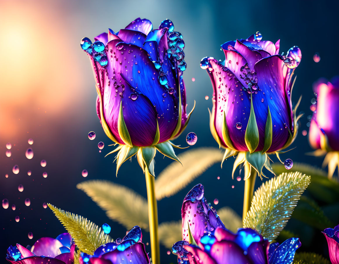 Colorful Blue and Purple Flowers with Water Droplets in Sunset Backlight