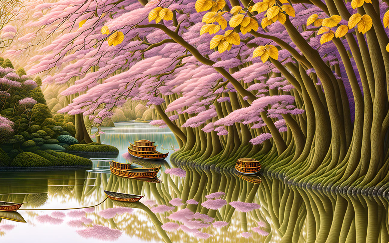 Pink Blossoming Trees and Serene Waters in Fairytale Landscape