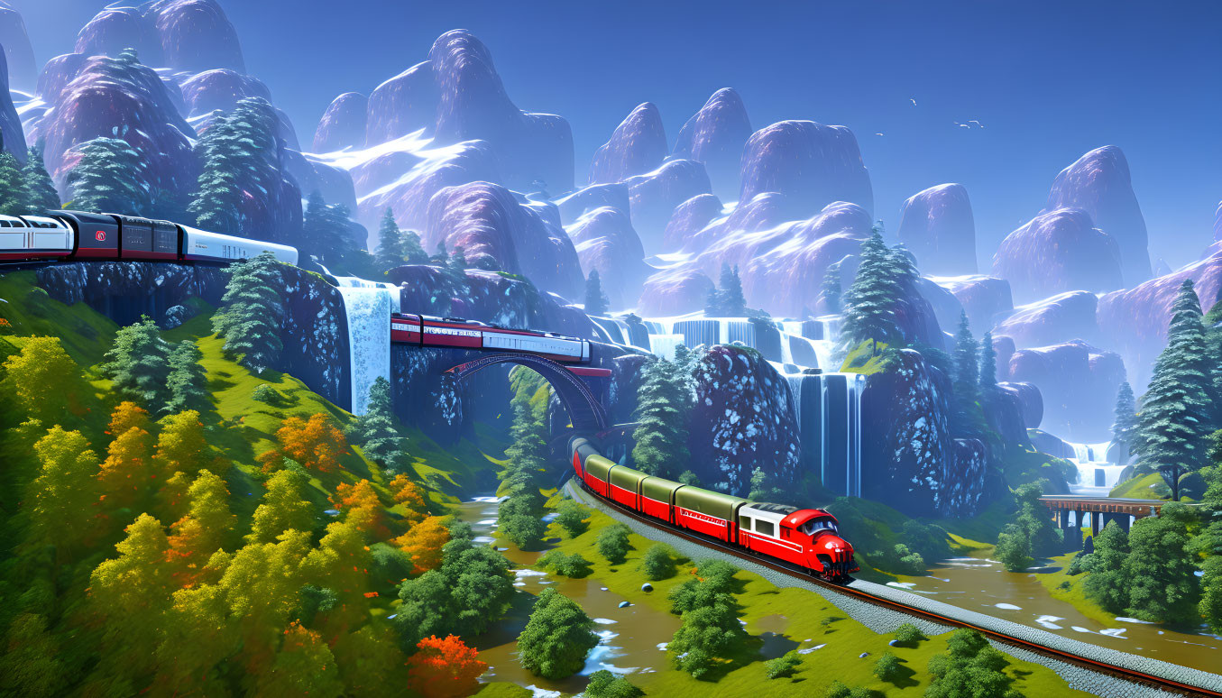 Scenic landscape with trains on bridges, mountains, waterfalls, and forests