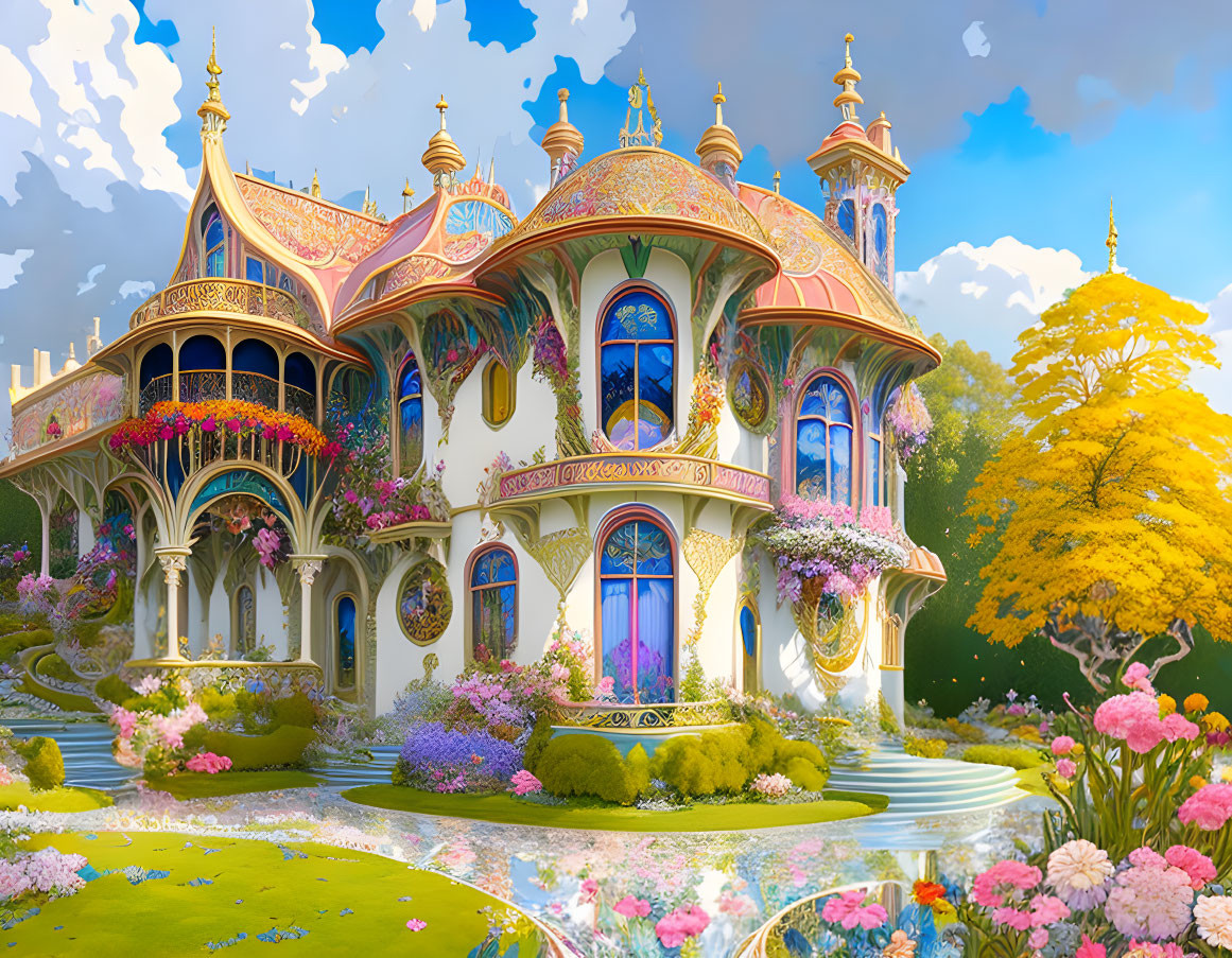 Intricate Fairy-Tale Palace with Lush Gardens