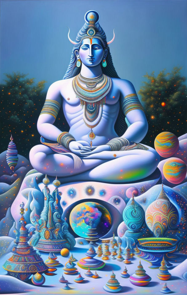 Vibrant Lord Shiva Meditation Artwork with Cosmic Elements