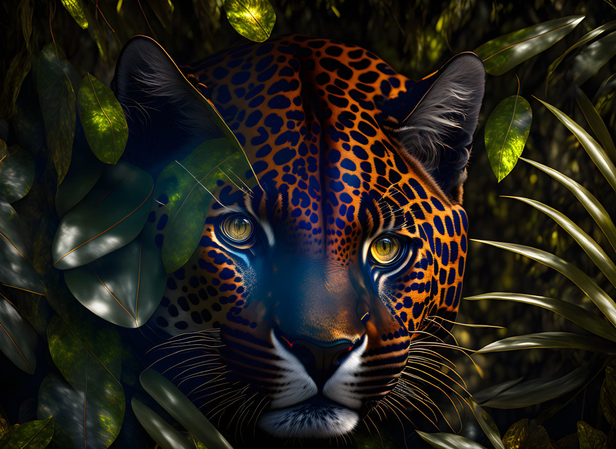 Leopard Face in Lush Green Foliage with Blue Eyes