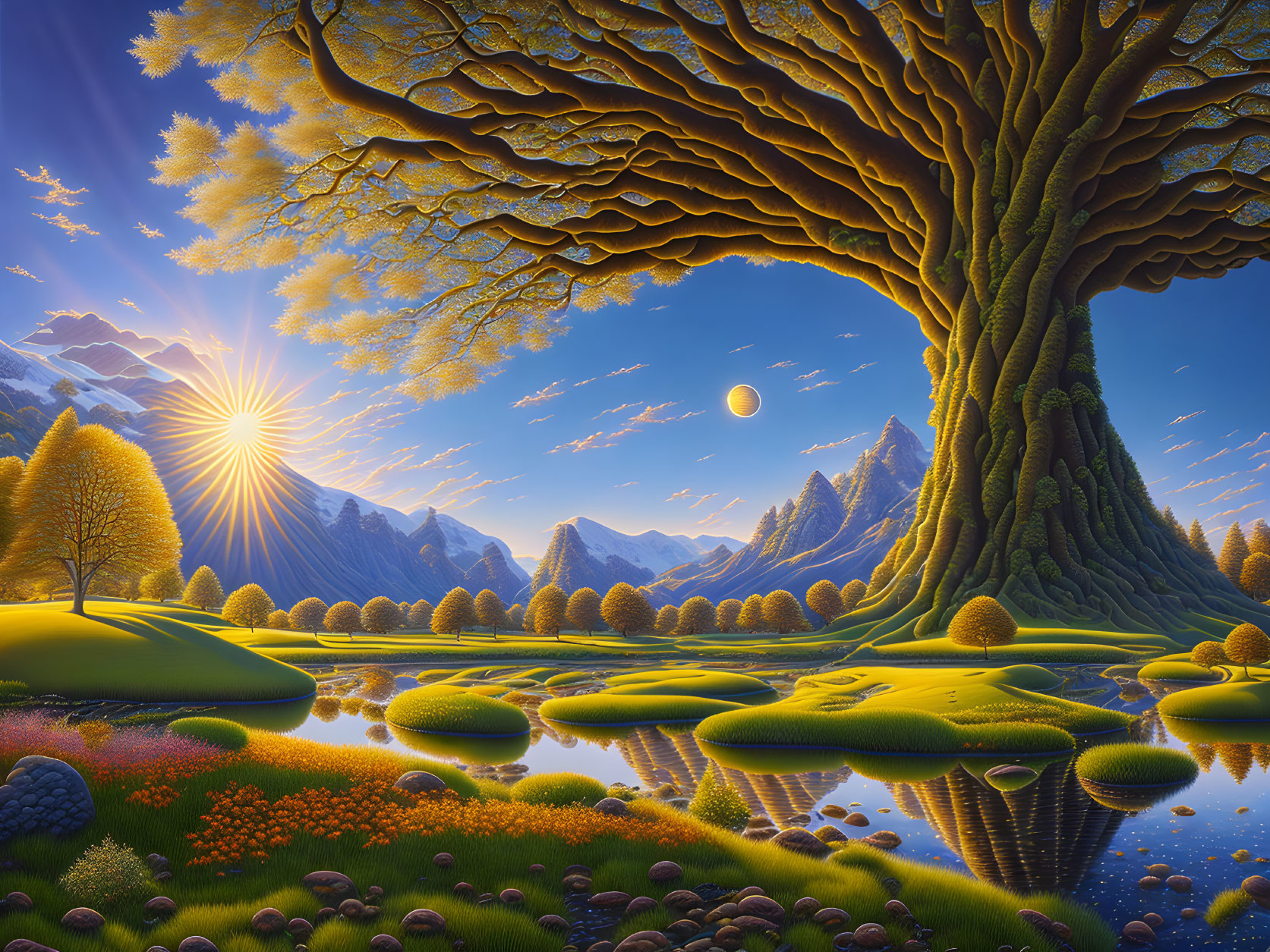 Majestic tree in vibrant fantasy landscape with sunbeams and serene water