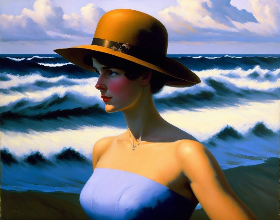 Elegant woman with wide-brimmed hat by ocean waves and blue sky