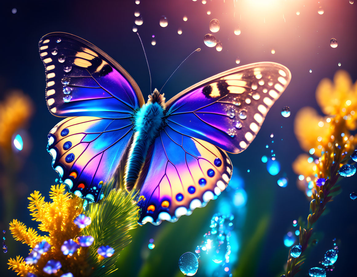 Colorful Butterfly on Yellow Flowers with Water Droplets and Bokeh Background