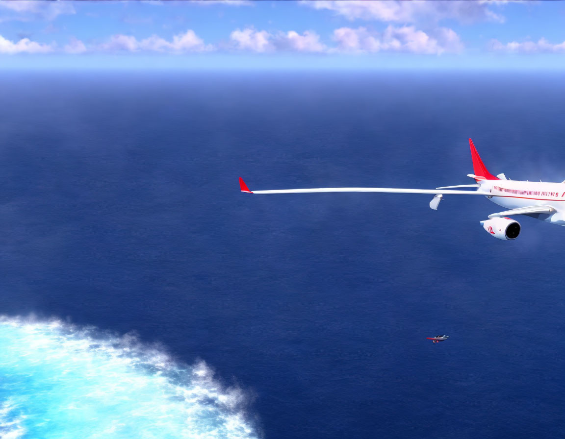 Aerial view of airplane over deep blue ocean with boat and clouds