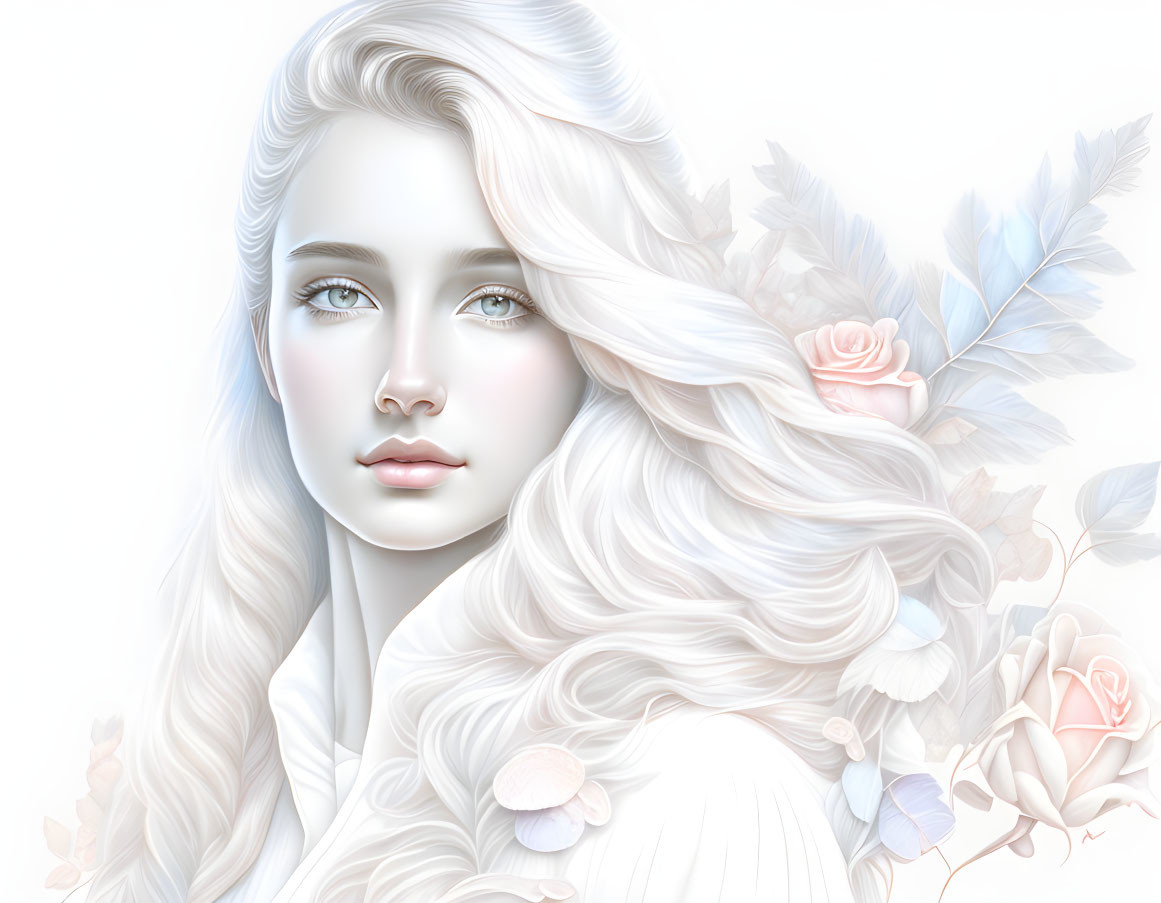 Digital artwork: Woman with white hair & blue eyes among soft flowers & leaves