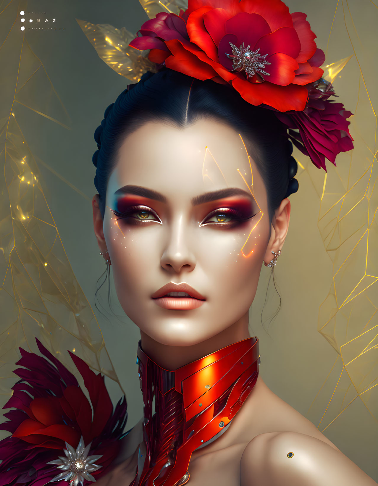 Digital art portrait of woman with red flower, artistic makeup, sparkling adornments, & futuristic red neck