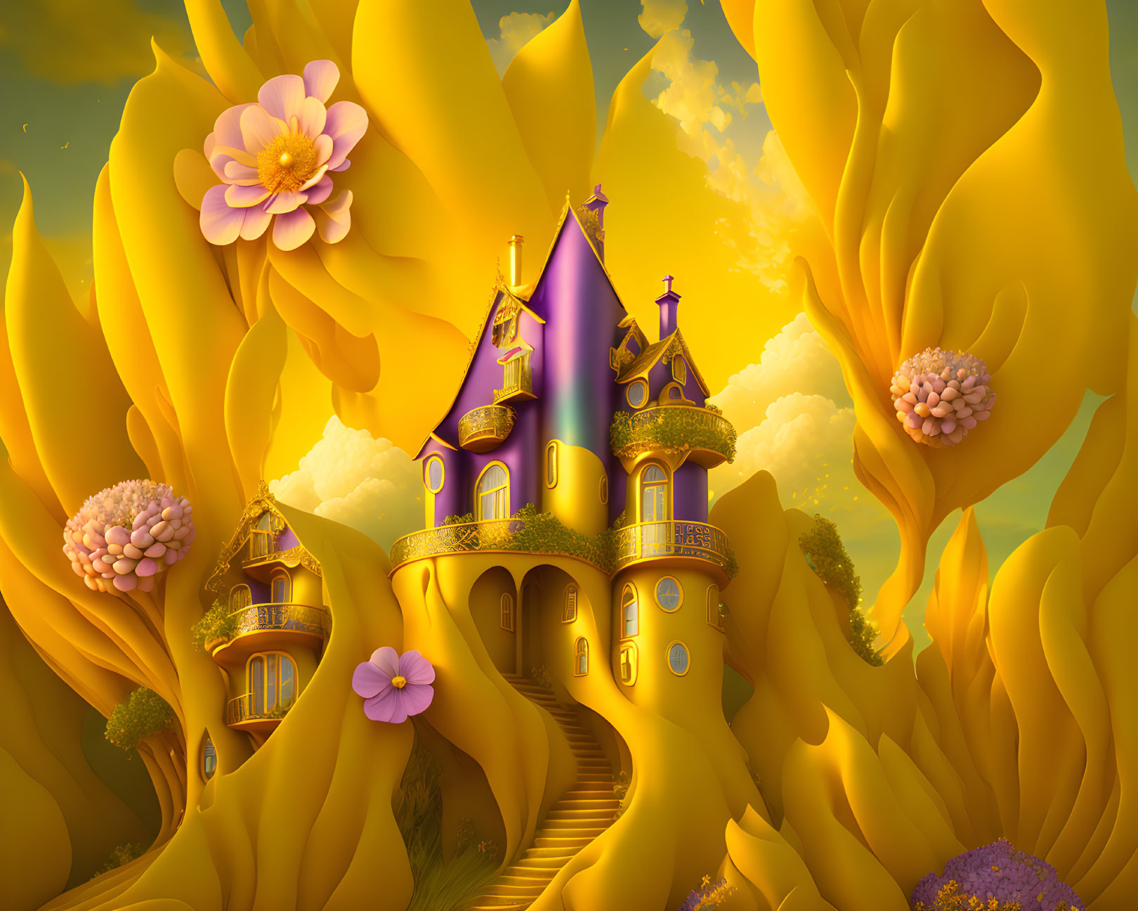 Golden landscape with purple-roofed castles and giant yellow petals.