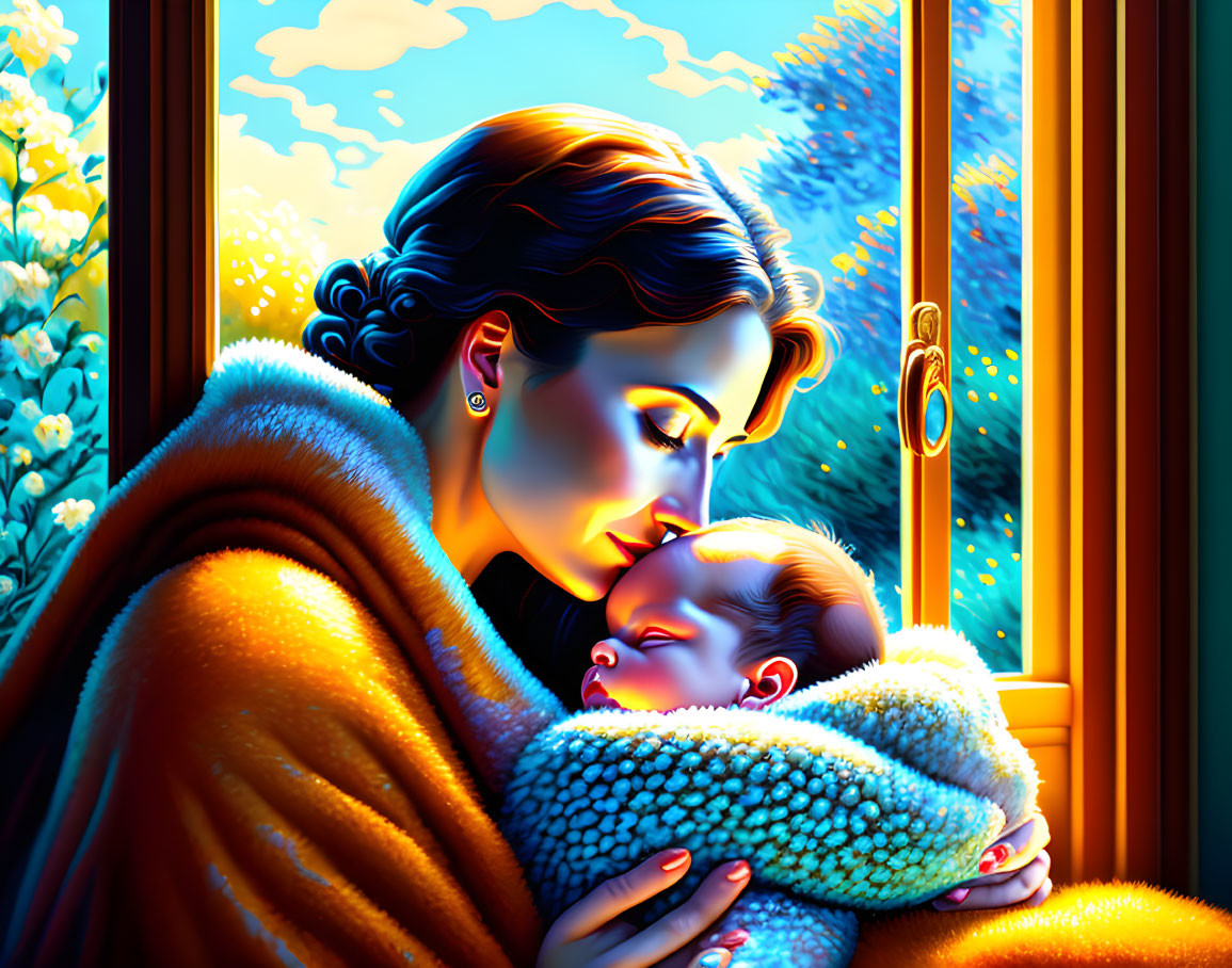 Mother holding sleeping baby in cozy blanket at sunset with blooming flowers