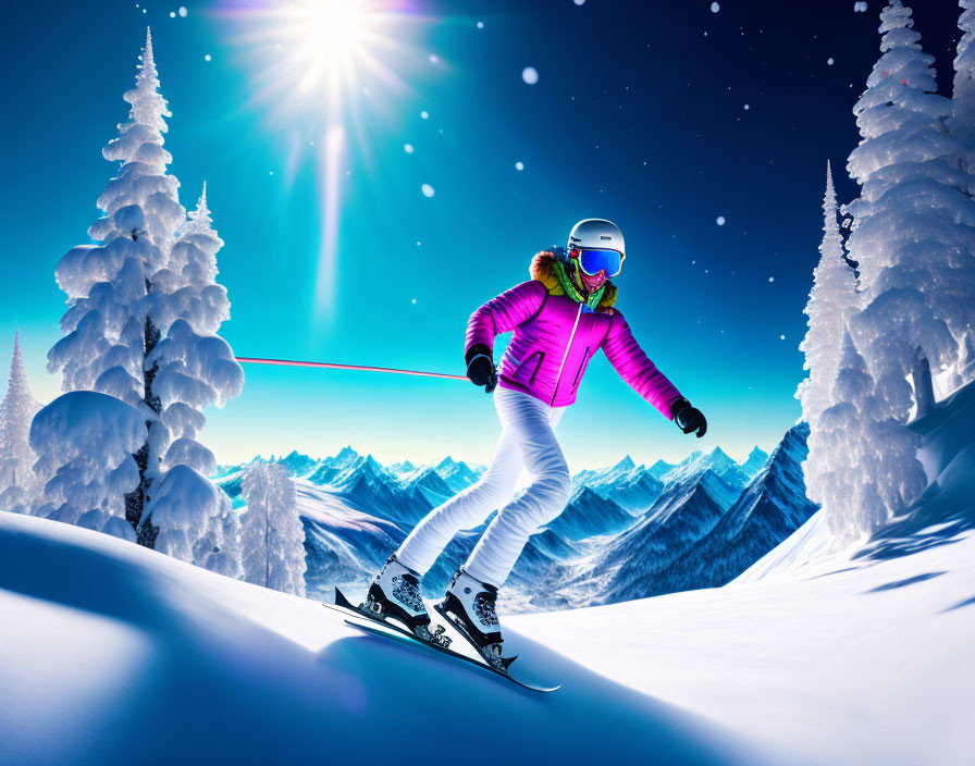 Skier in Pink Jacket Descending Snowy Slope