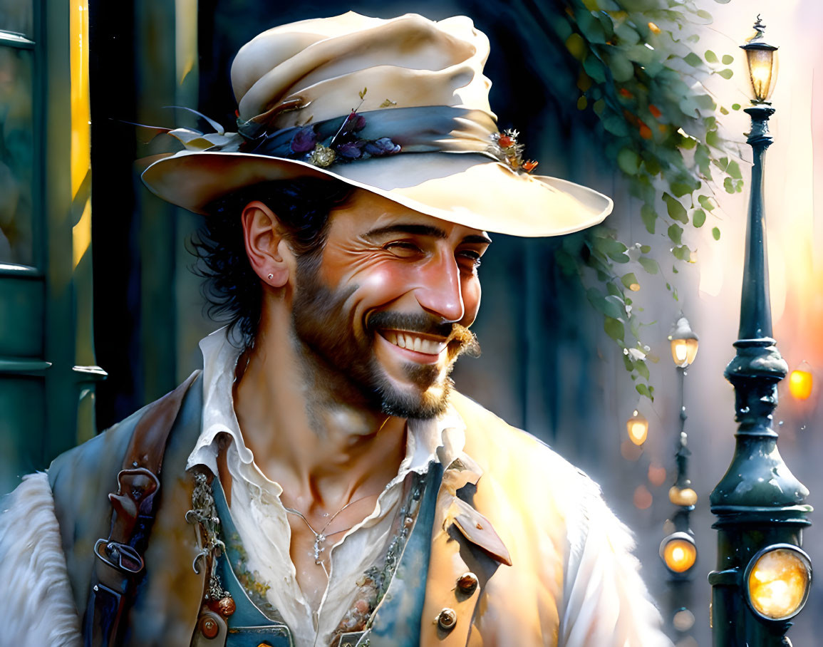 Smiling man in historical attire near lamppost on sunny street