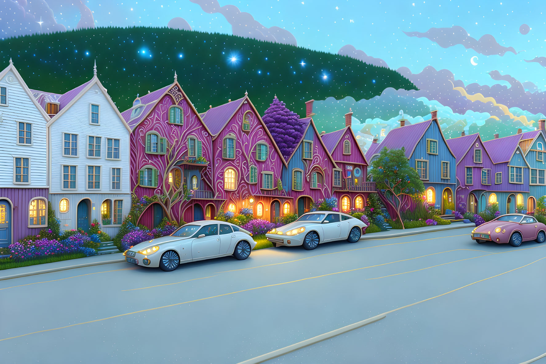 Colorful Victorian-style houses on whimsical dusk street