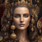 Regal Woman with Golden Headpiece and Wing Motifs