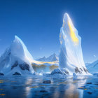 Arctic Twilight Scene: Icebergs, Moon, and Calm Waters