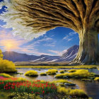 Majestic tree in vibrant fantasy landscape with sunbeams and serene water