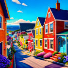 Colorful Street with Brightly Painted Houses and Ocean View