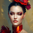 Digital art portrait of woman with red flower, artistic makeup, sparkling adornments, & futuristic red neck