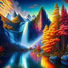 Colorful landscape with waterfall, rainbow, autumn trees, mountains, and sunset.