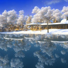 Snow-covered houses and trees reflected in a twilight lake in a serene winter scene