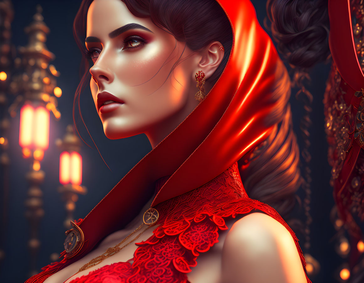Digital artwork: Woman in red lace dress with flowing cloak, earrings, makeup, lantern-lit background