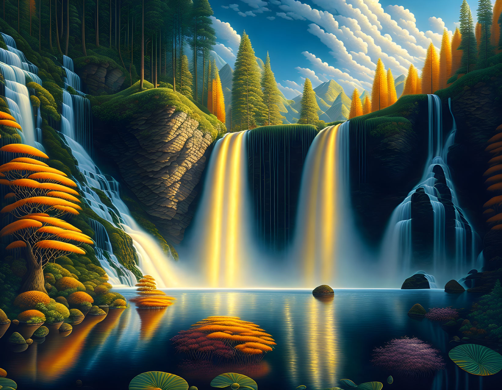 Fantastical waterfall landscape with vibrant digital art