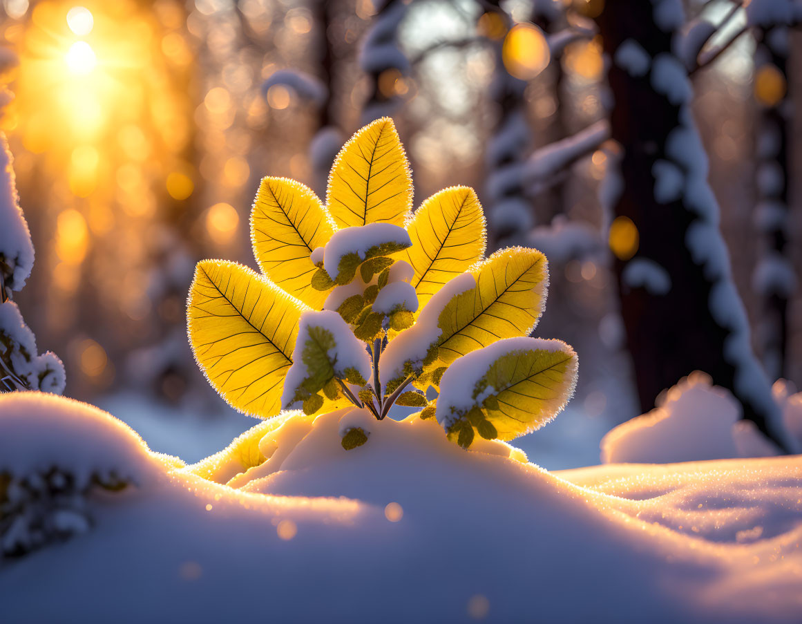 Winter forest sunrise with snow-dusted leaves and sunlight filtering through