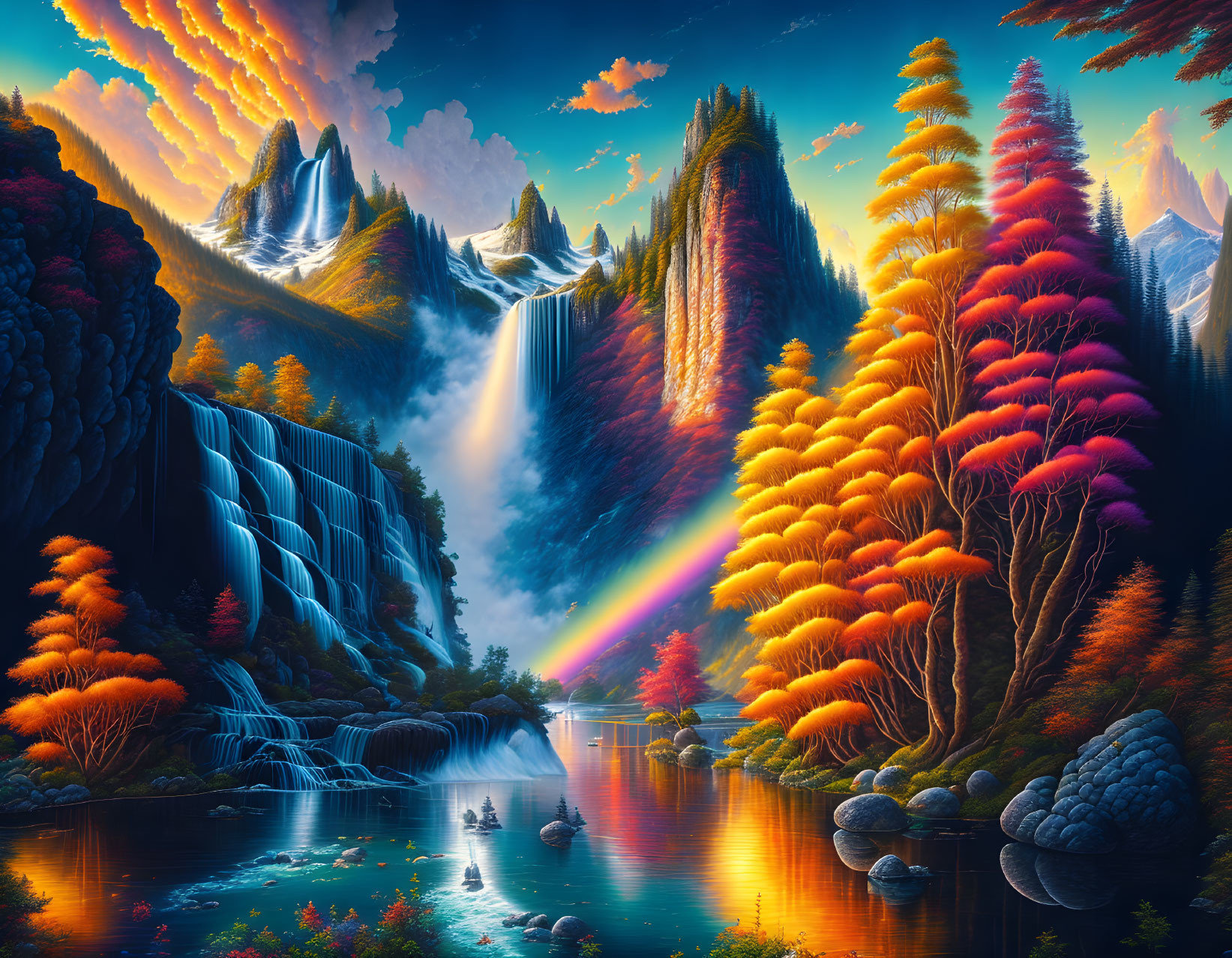 Colorful landscape with waterfall, rainbow, autumn trees, mountains, and sunset.