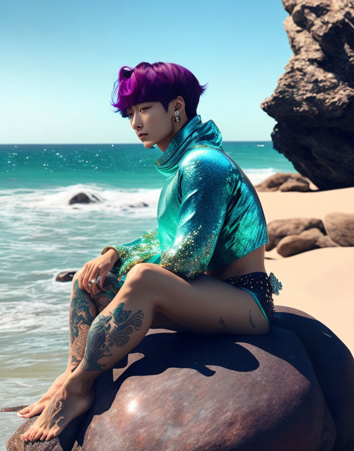 Purple-haired person with tattoos on rocky beach in teal sequined top and black shorts with ocean background