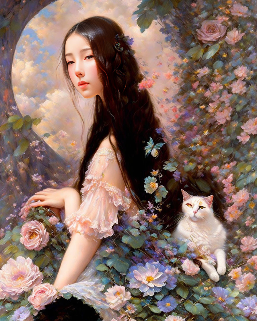 Woman with Long Hair, Flowers, White Cat, Roses, Foliage: Serene Scene