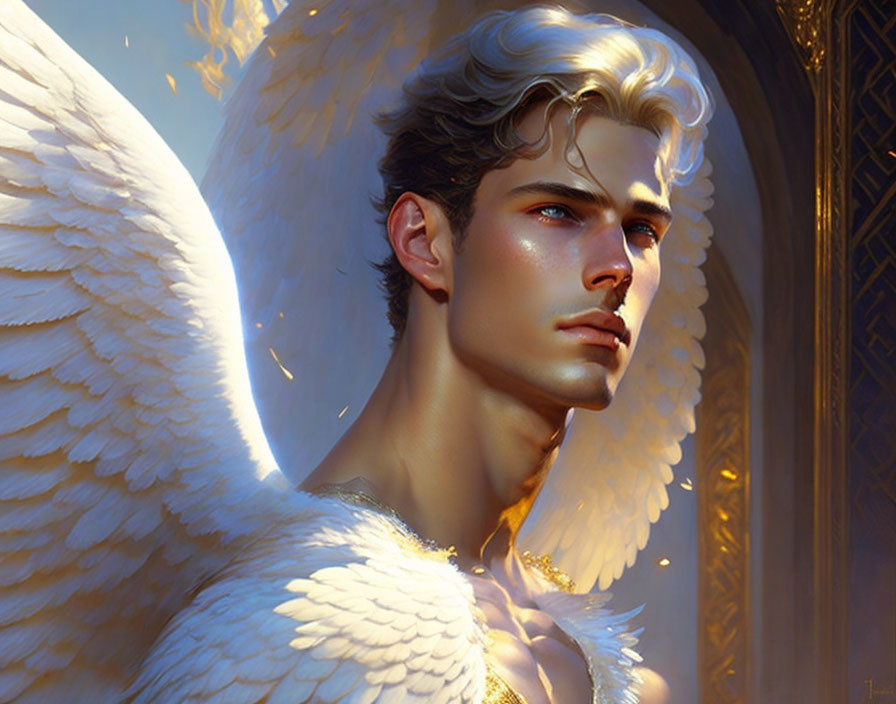 Digital Artwork: Young Man with Angelic Wings and Golden Light