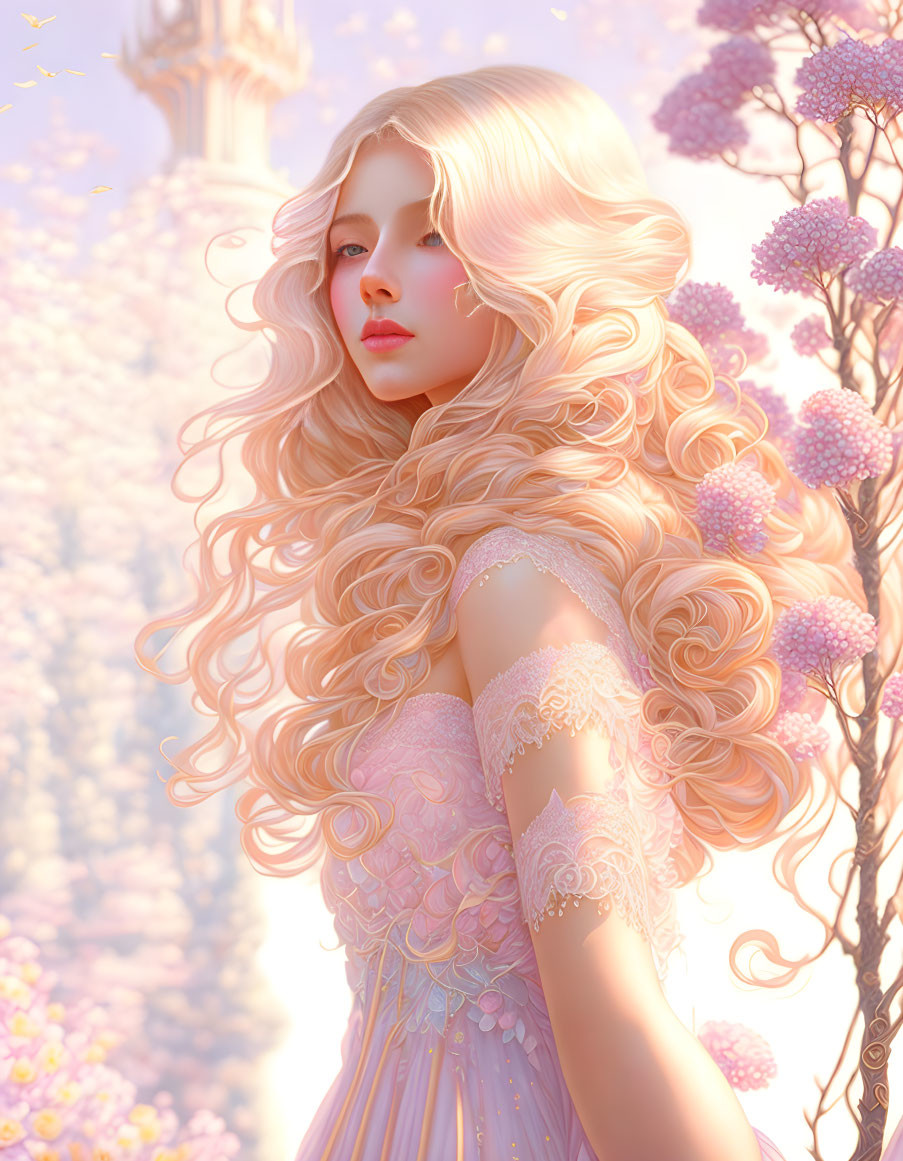 Blonde-haired character in pink dress with fantasy tower backdrop