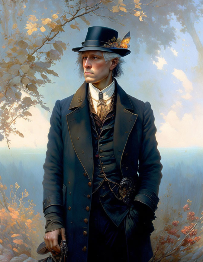 Regal man in 19th-century attire with top hat and butterfly in autumn forest.