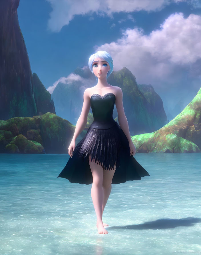 Stylized animated character with blue hair in black dress by serene mountain lake