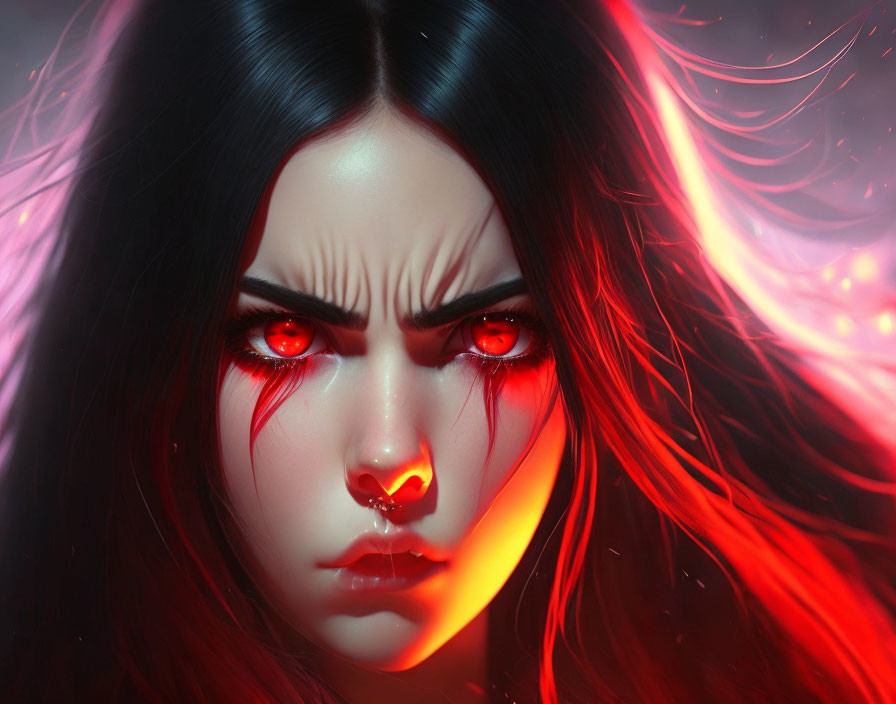 Digital Artwork: Female with Glowing Red Eyes and Hair in Supernatural Setting