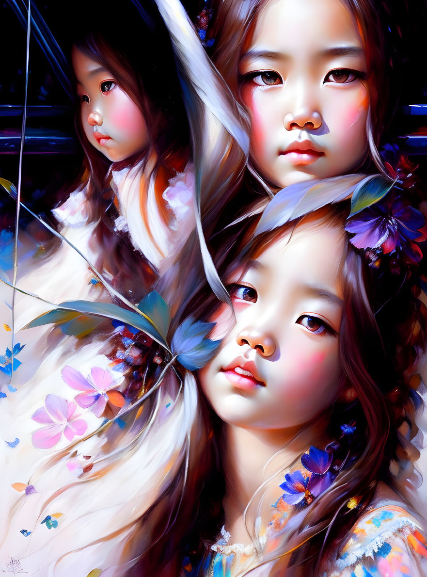 Colorful digital artwork: Three girls with expressive eyes, floral motifs, and butterflies on dark background