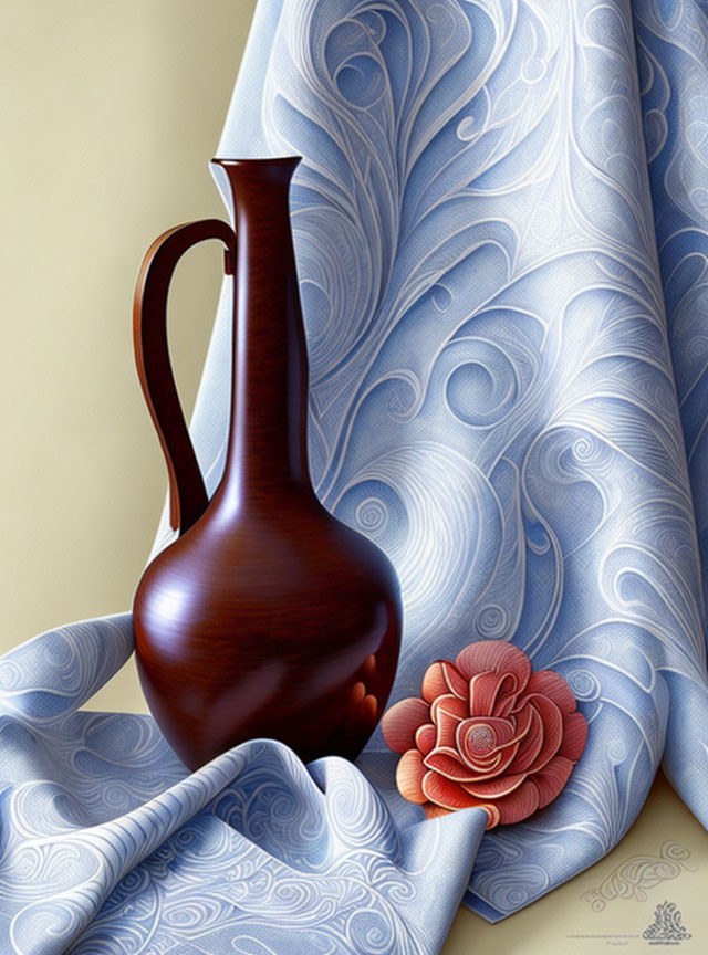 Brown jug on blue swirly backdrop with red flower.