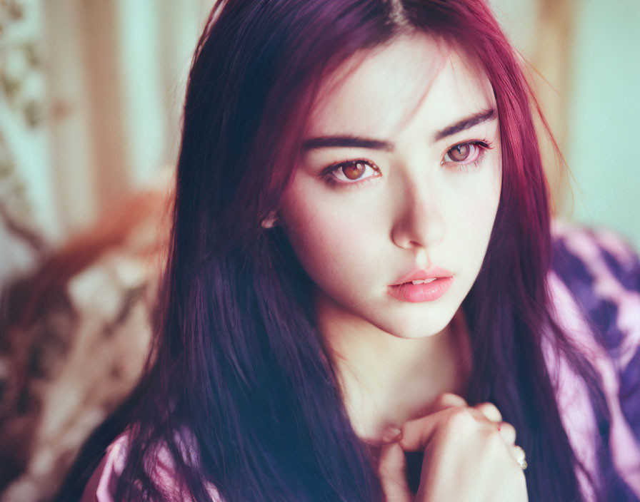 Portrait of young woman with long dark hair and purple garment