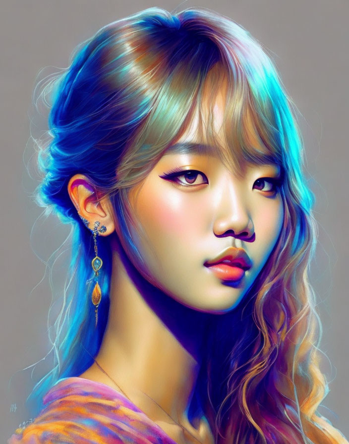 Colorful Iridescent Hair Woman Portrait on Pastel Background