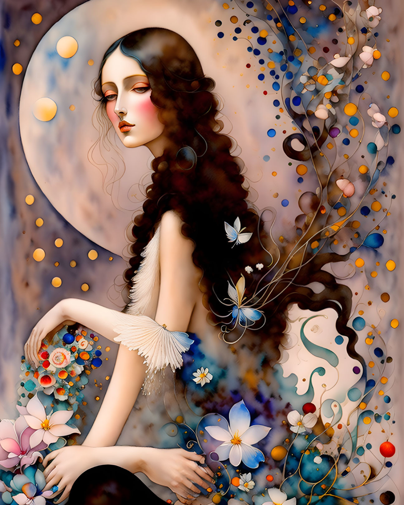 Illustration of woman with flowing hair, butterflies, and floral elements against moonlit backdrop