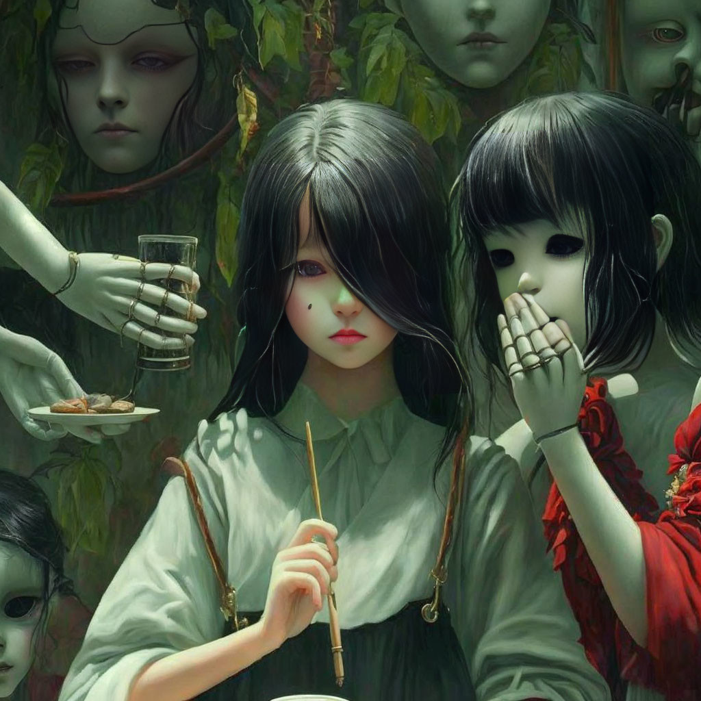 Surreal illustration: girls with porcelain faces, chopsticks, disembodied hands, food & drinks