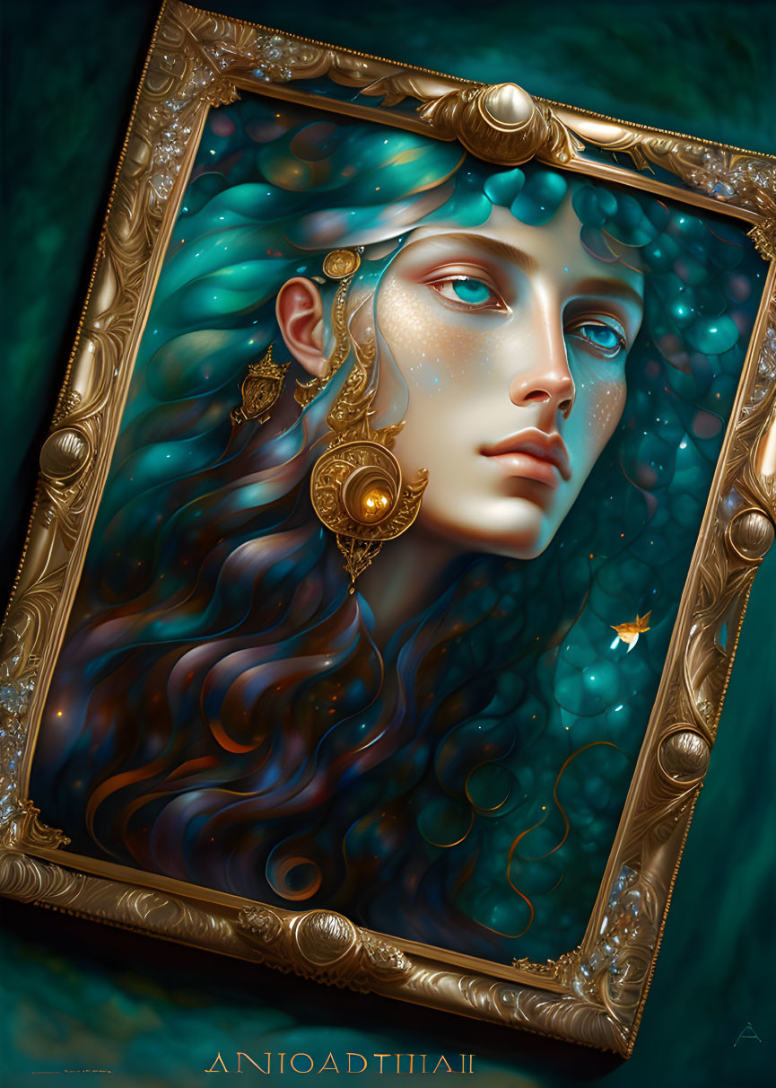 Fantastical blue-skinned female portrait in ornate golden frame