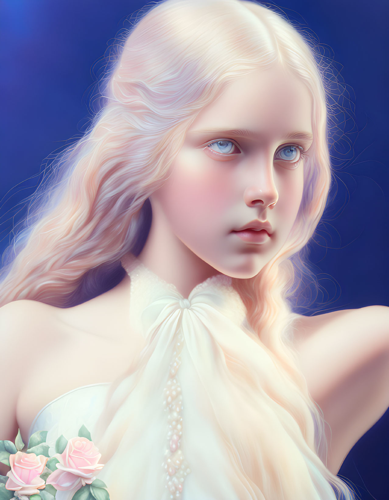 Young girl digital portrait with blonde hair, blue eyes, white dress, pearls, pink roses