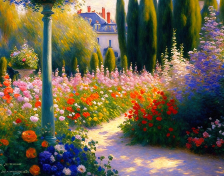 Impressionistic painting of lush garden with colorful flowers, path, and lamppost